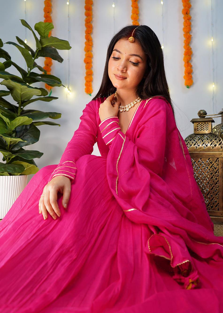 Rani Pink Gather Anarkali Suit Set