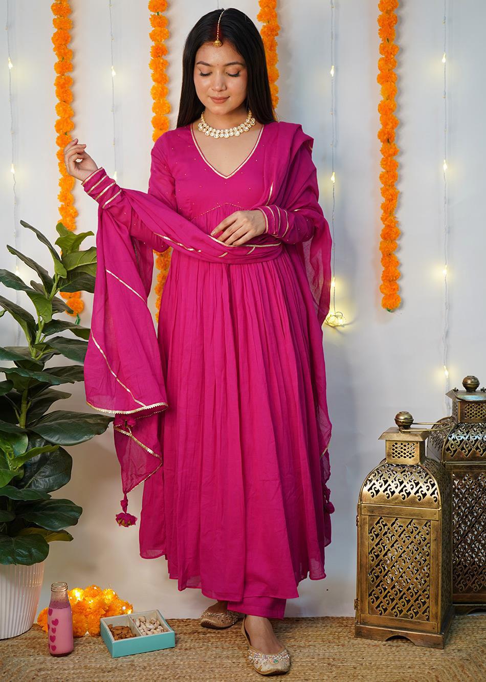 Rani Pink Gather Anarkali Suit Set