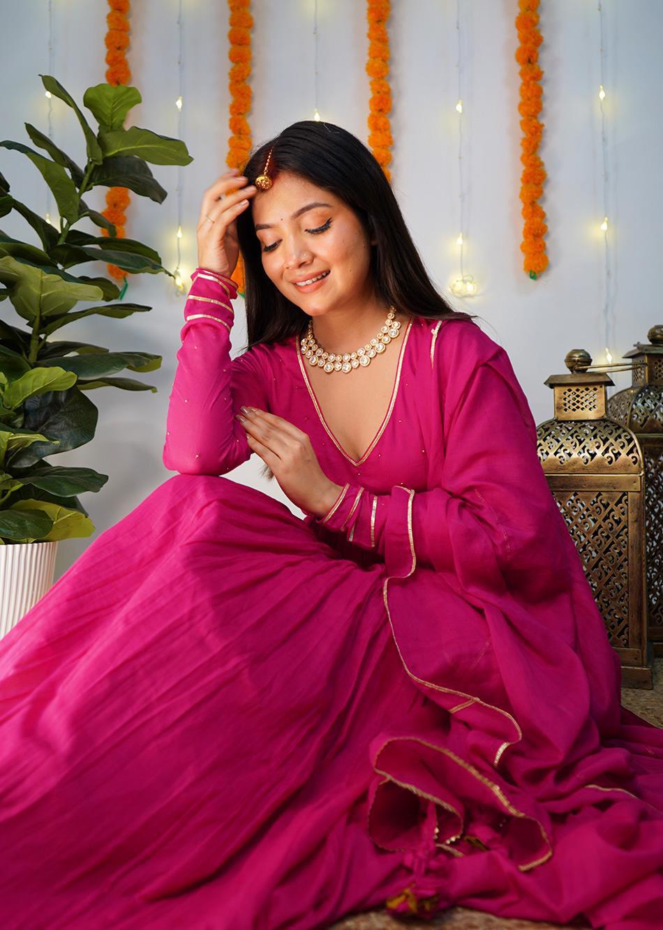 Rani Pink Gather Anarkali Suit Set