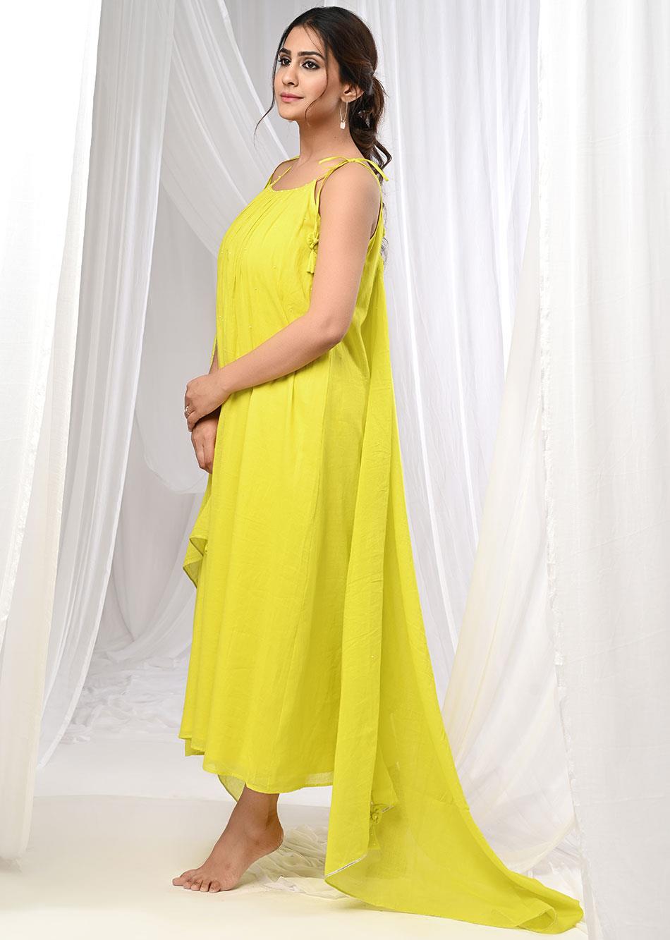 Neon Yellow Halter Neck Anarkali Suit Set