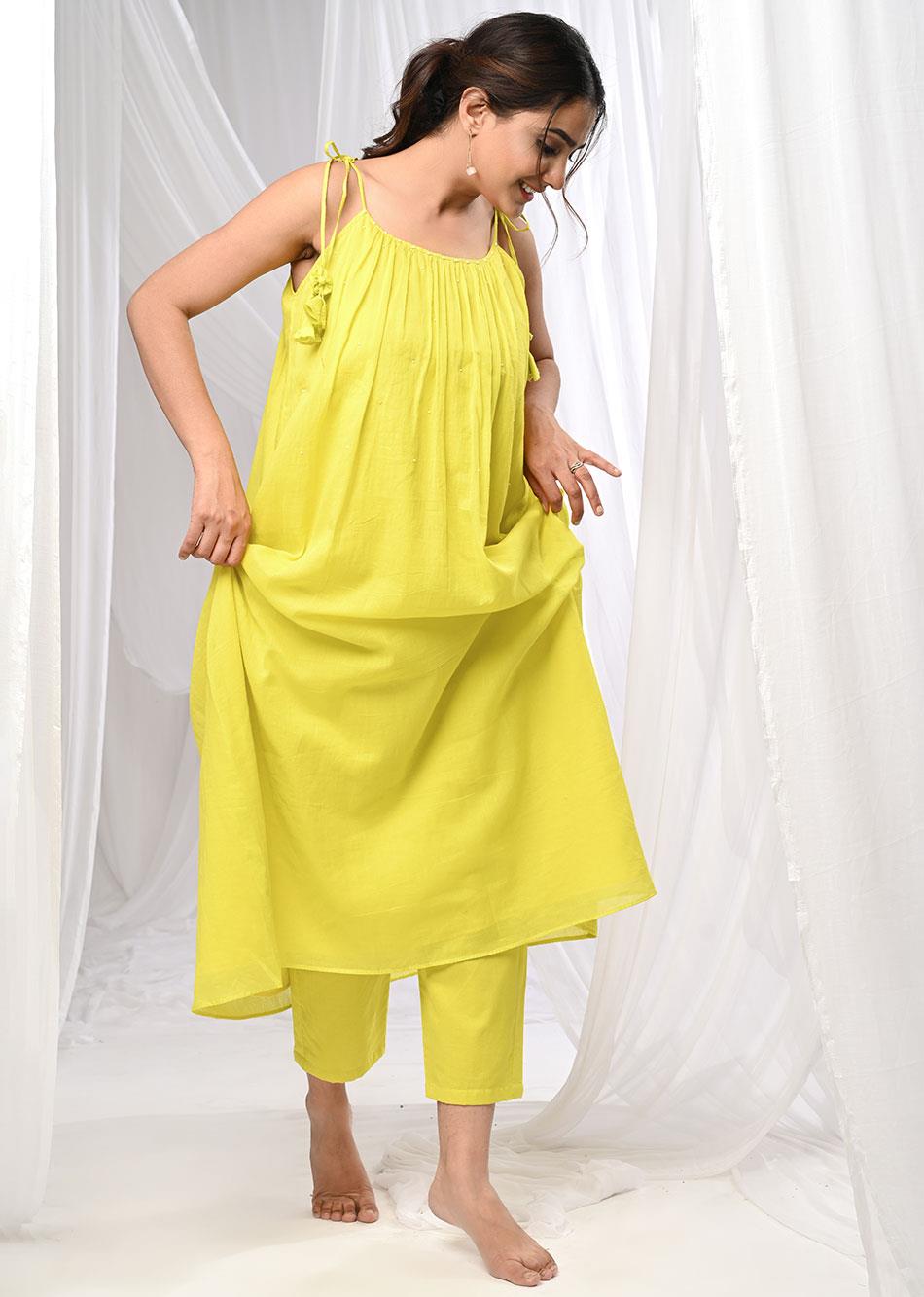 Neon Yellow Halter Neck Anarkali Suit Set