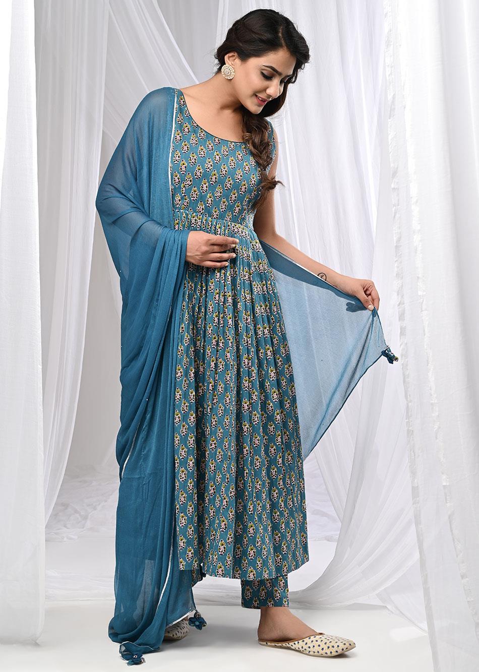 Blue Printed Sleeveless Anarkali Suit Set