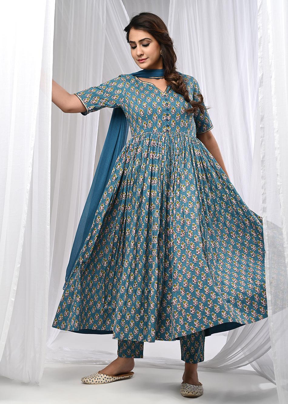 Blue Printed Notch Neck Anarkali