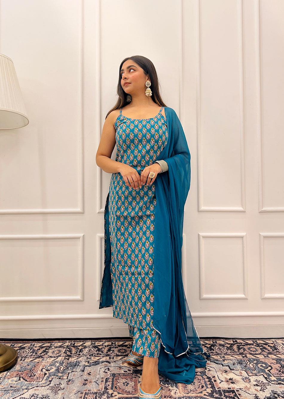 Blue Strappy Anarkali Suit Set