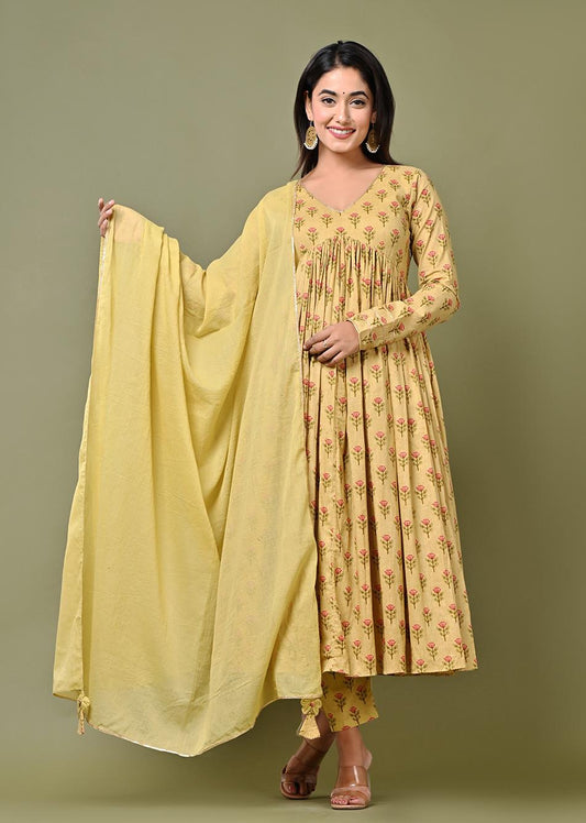 Yellow Printed Cross Gather Anarkali Suit