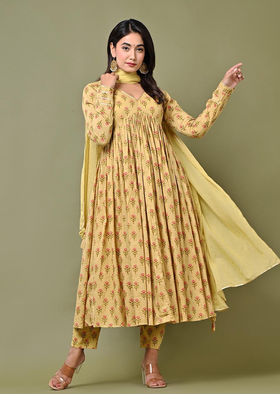 Yellow Printed Cross Gather Anarkali Suit