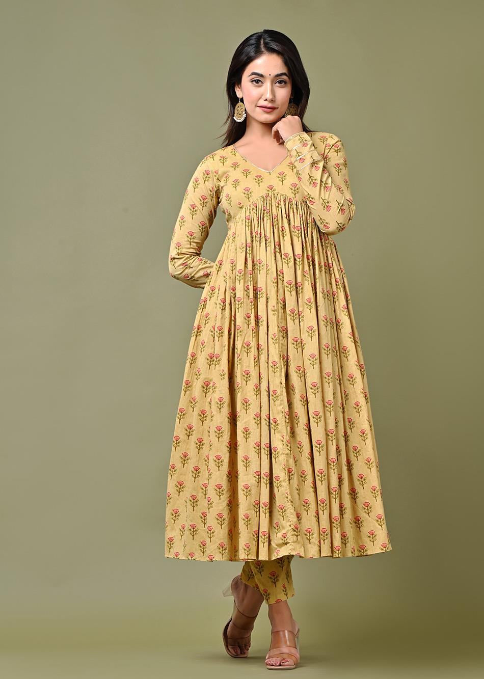 Yellow Printed Cross Gather Anarkali Suit