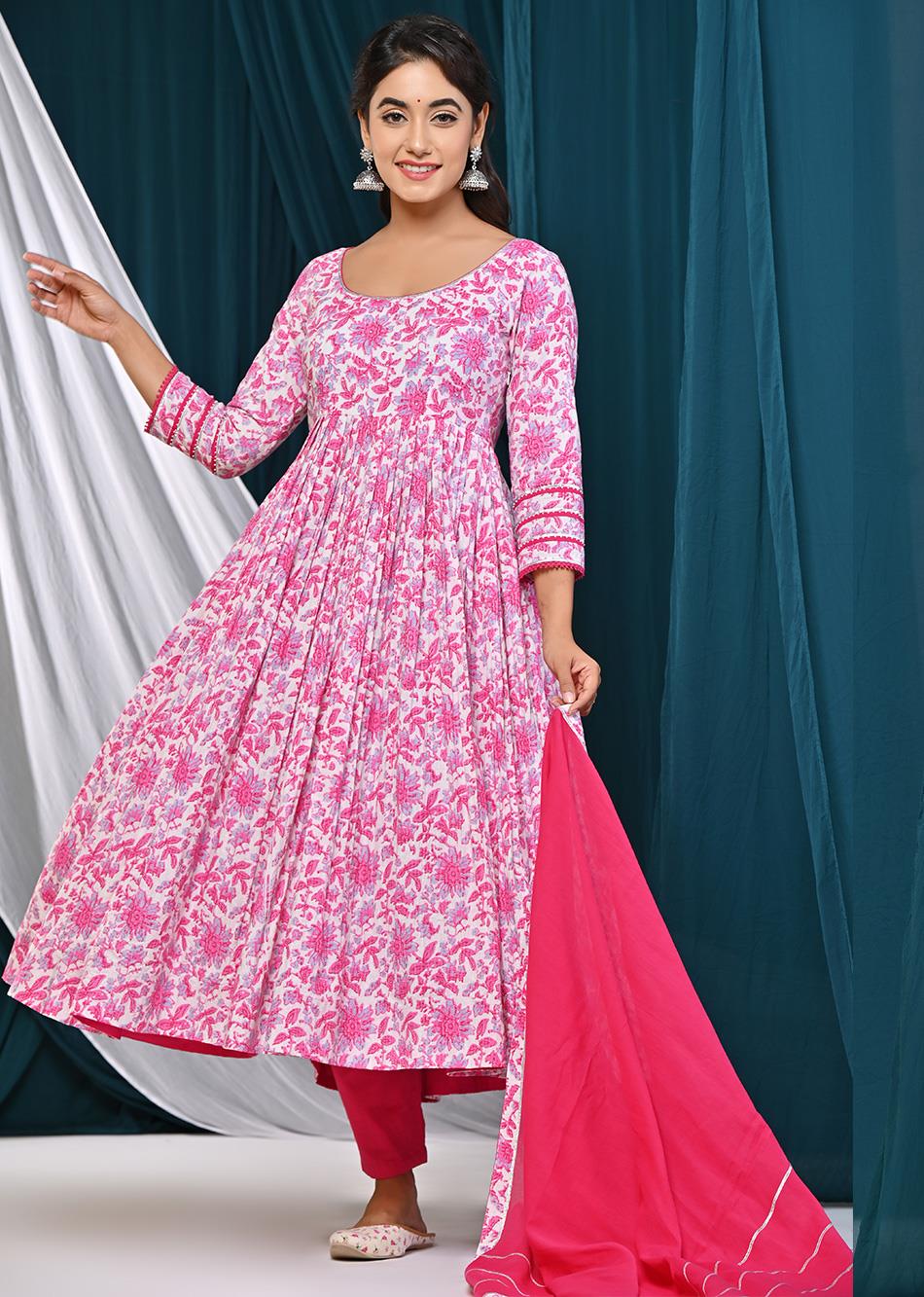 White Printed Gathered Anarkali Set