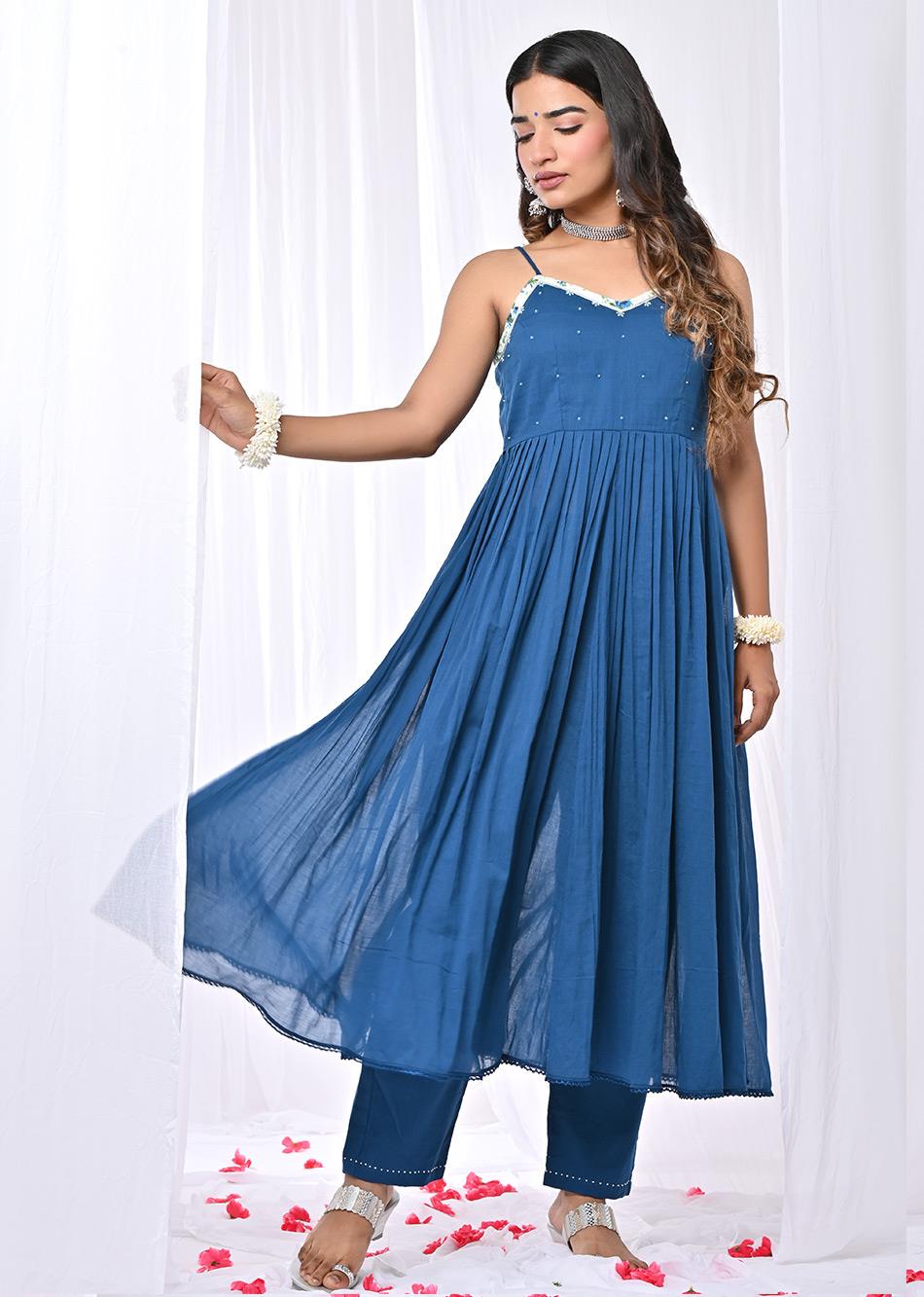 Teal Blue Strappy Anarkali Suit Set