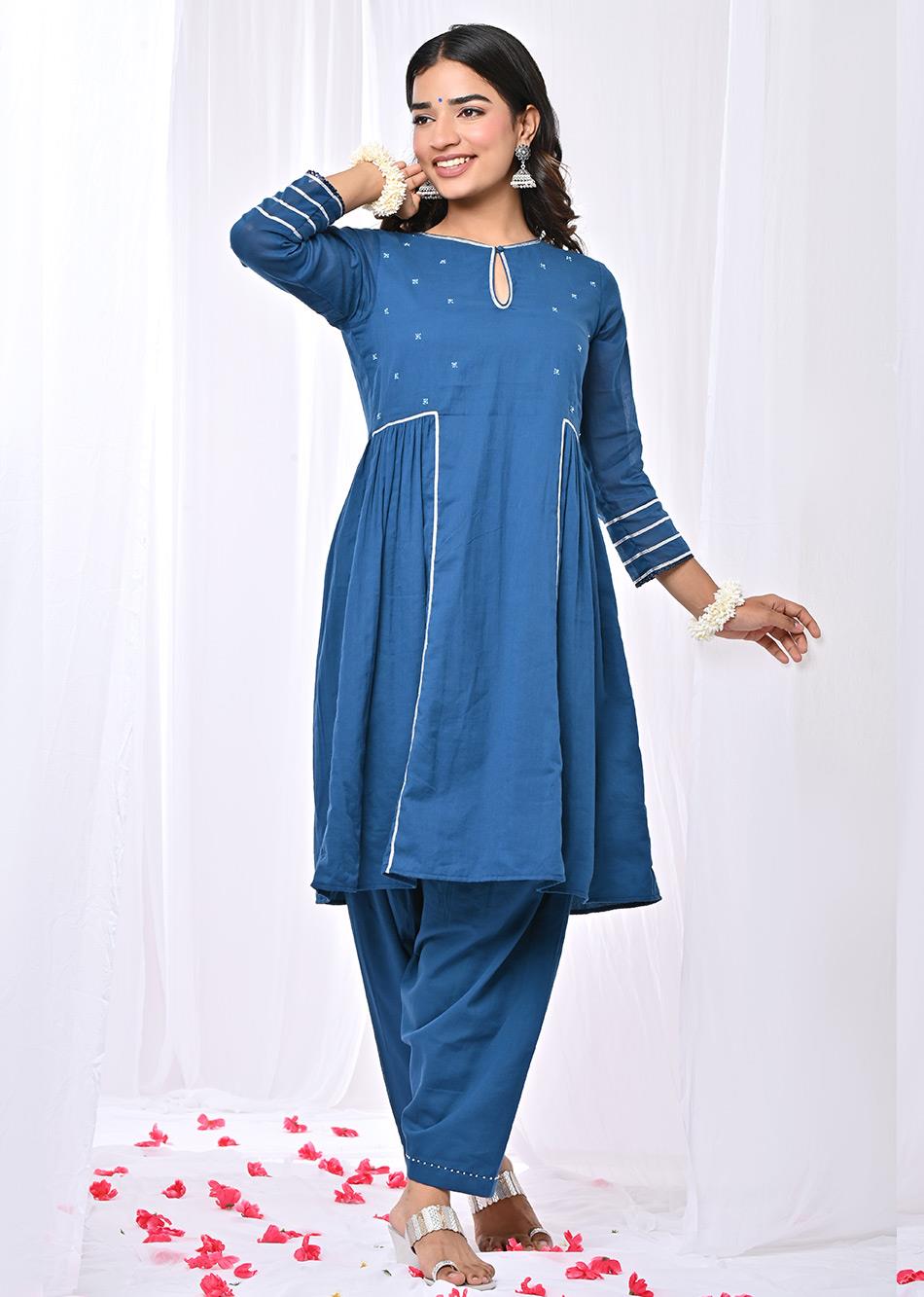 Stylish Teal Blue Peplum Top and Salwar Suit Sets for Women at JOVI India