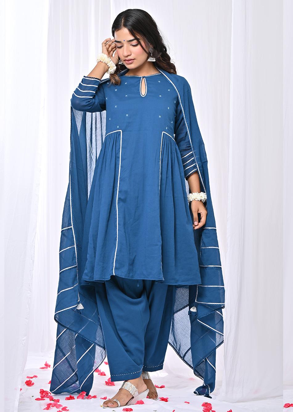 Stylish Teal Blue Peplum Top and Salwar Suit Sets for Women at JOVI India