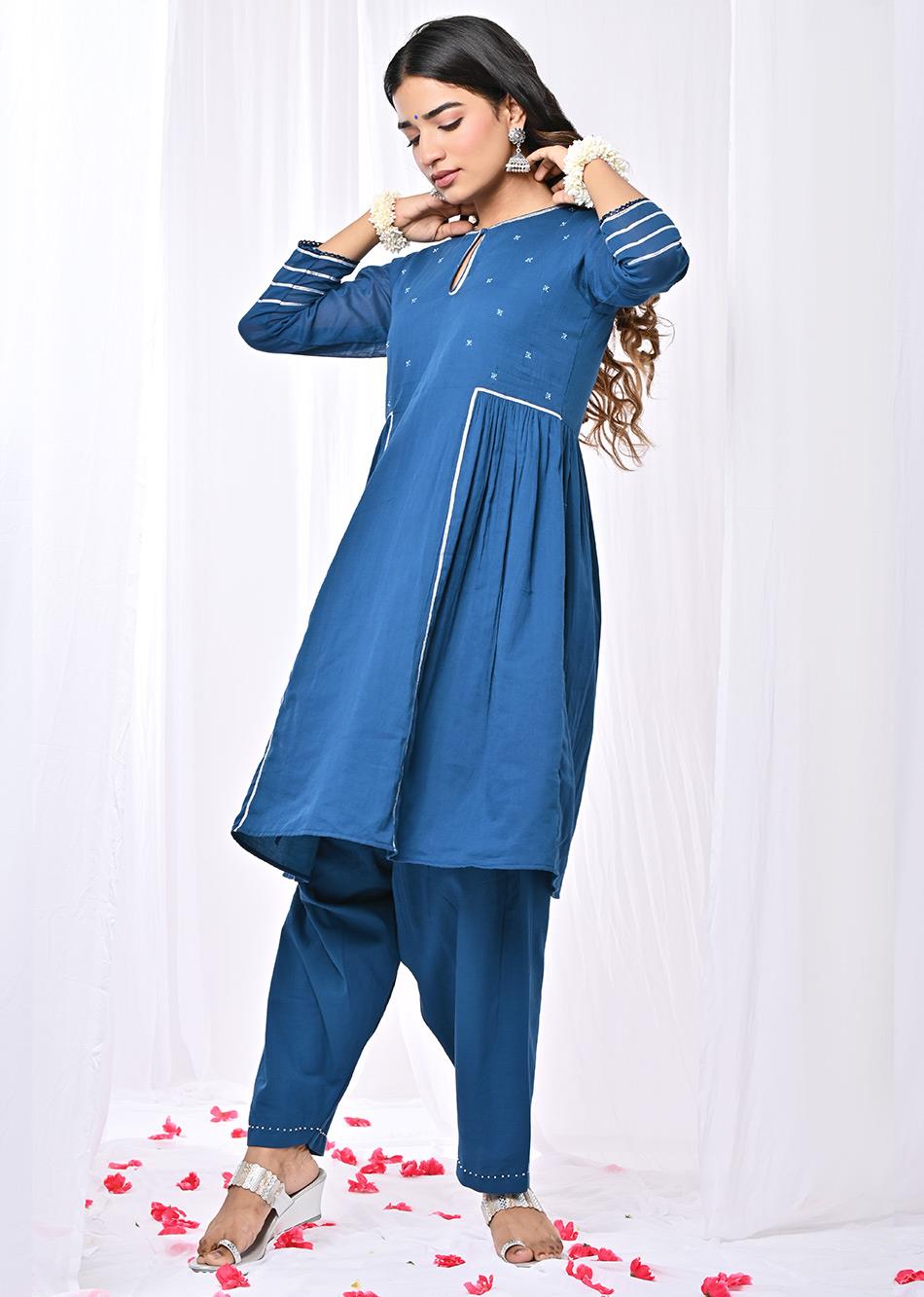 Stylish Teal Blue Peplum Top and Salwar Suit Sets for Women at JOVI India