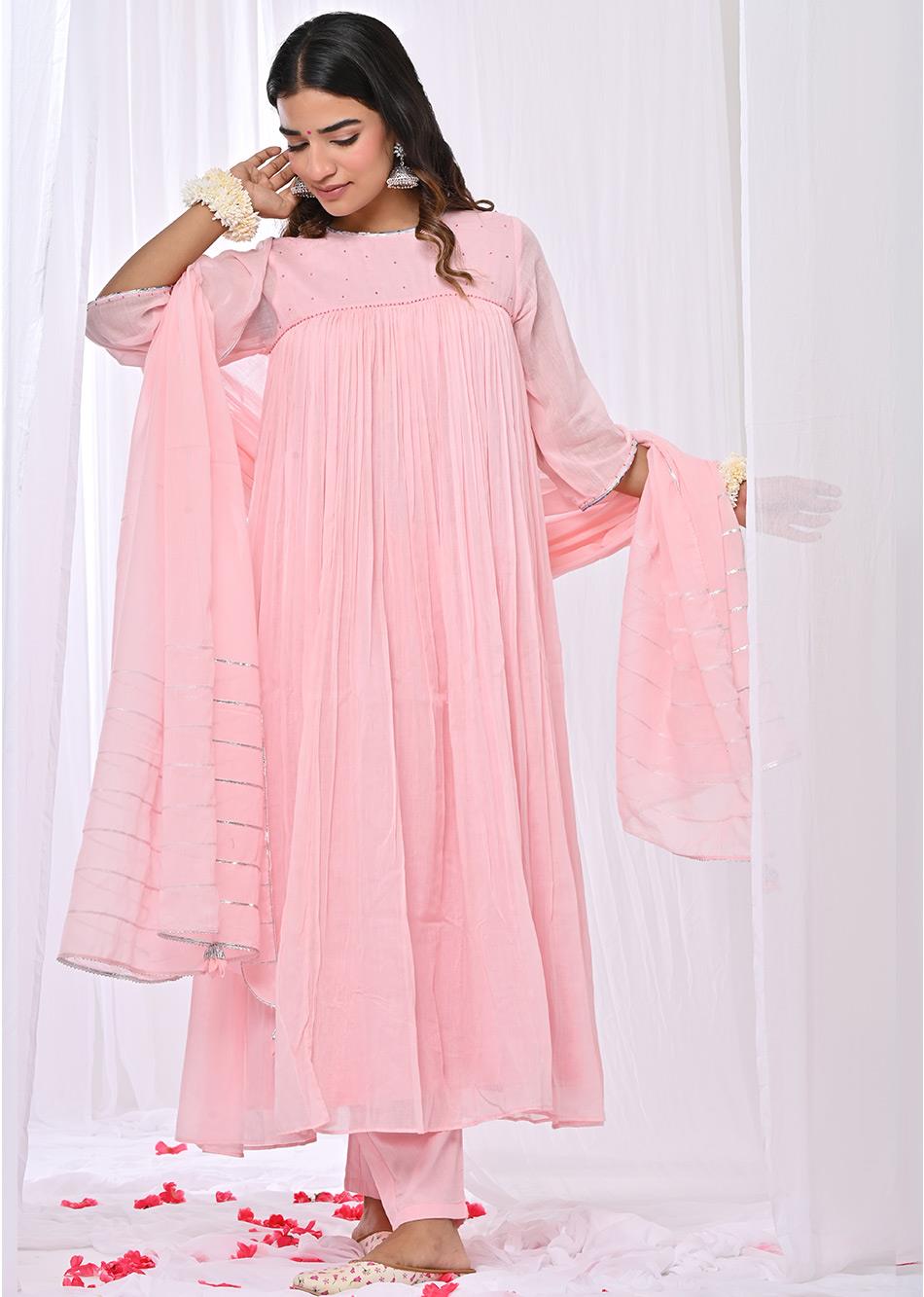 Pink Loose Fit Anarkali Suit Set