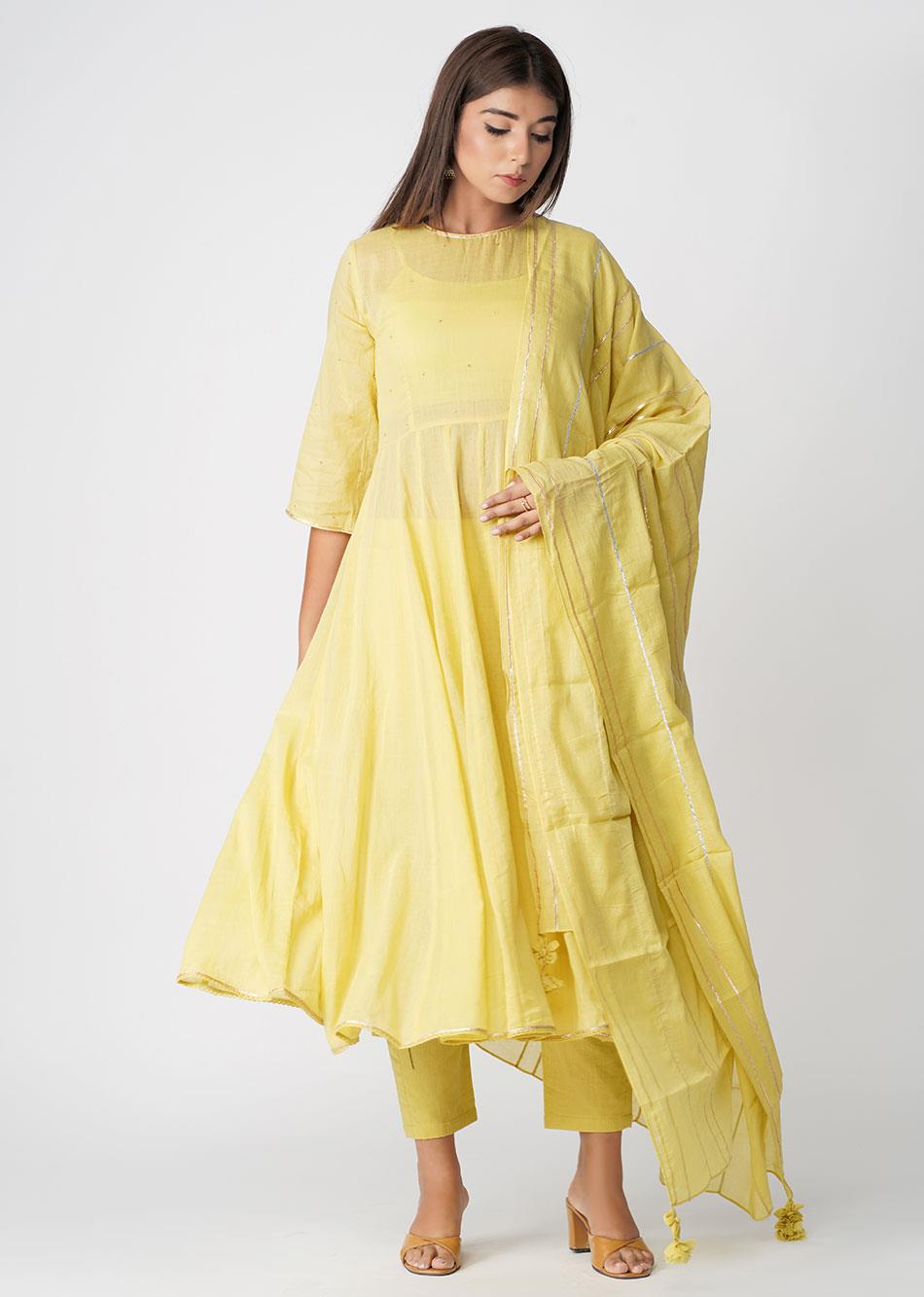 Mustard Yellow Transy Kali Anarkali Suit Set