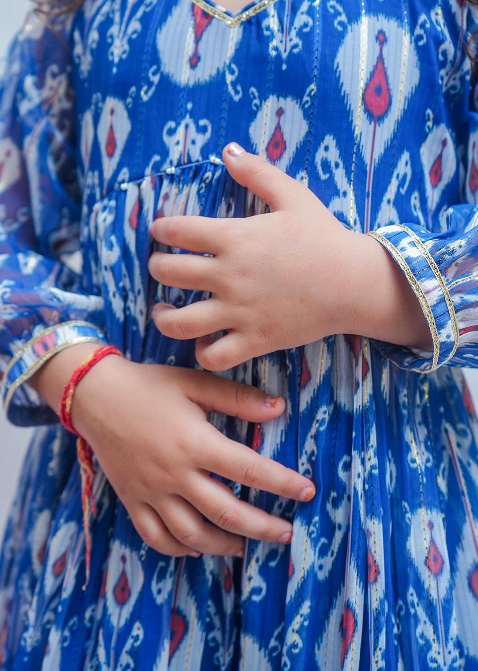 Printed Blue Cross Gather Anarkali Suit Set