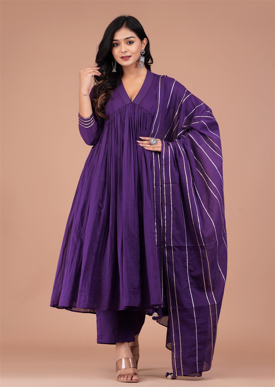 Fashionable Purple V Neck Mulmul Anarkali Frock Suit Set for Women at JOVI India