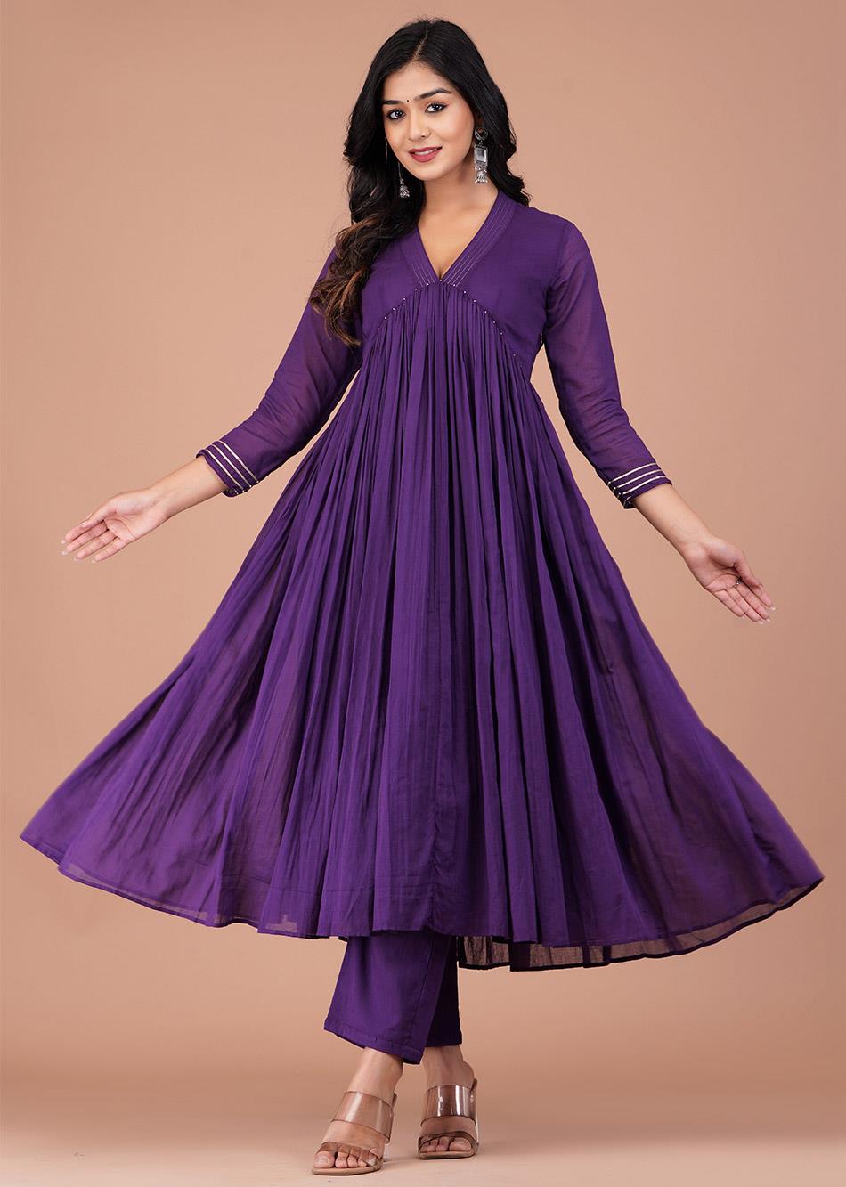 Fashionable Purple V Neck Mulmul Anarkali Frock Suit Set for Women at JOVI India