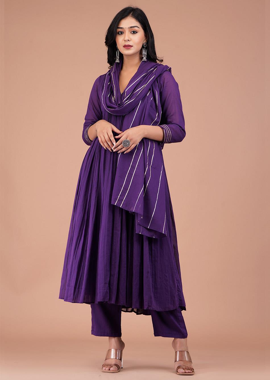 Fashionable Purple V Neck Mulmul Anarkali Frock Suit Set for Women at JOVI India