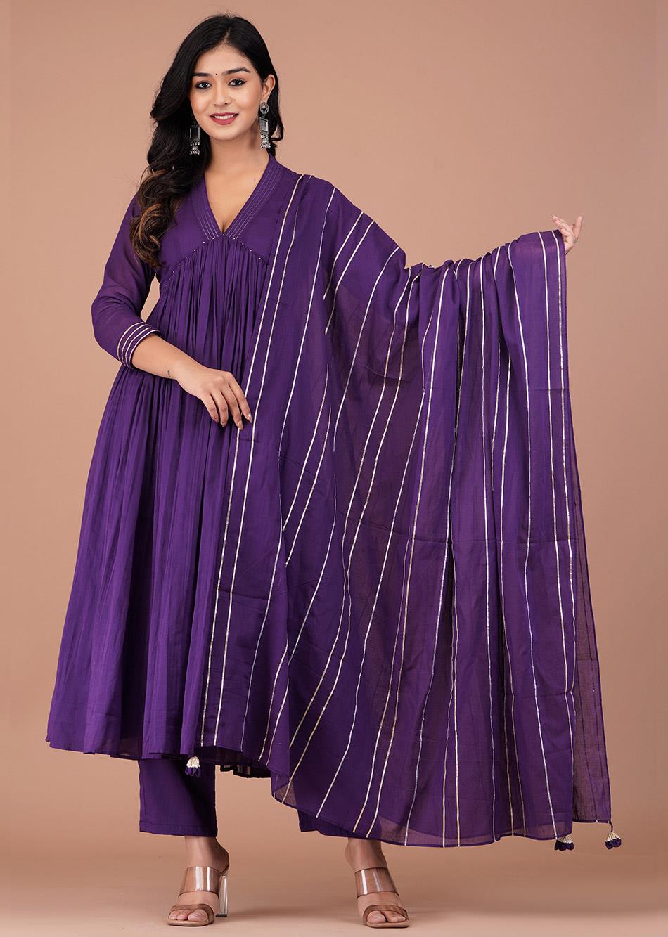 Fashionable Purple V Neck Mulmul Anarkali Frock Suit Set for Women at JOVI India