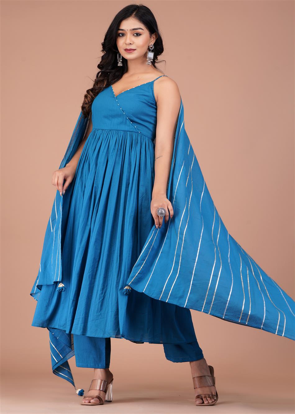 Teal Blue Strappy Anarkali Suit Set