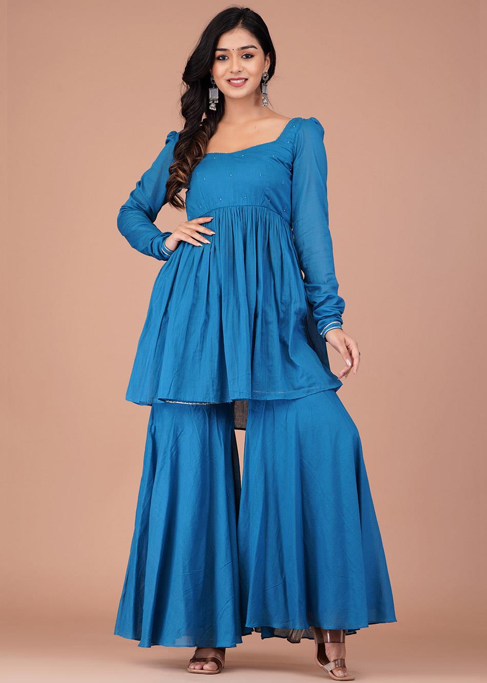 Teal Blue Peplum Top and Sharara Suit Set