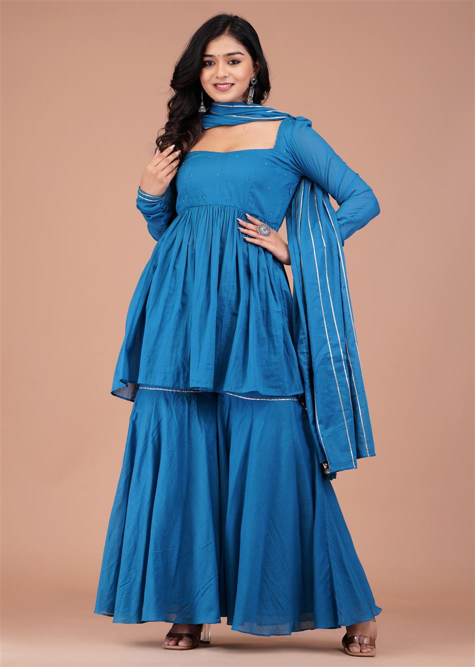 Teal Blue Peplum Top and Sharara Suit Set