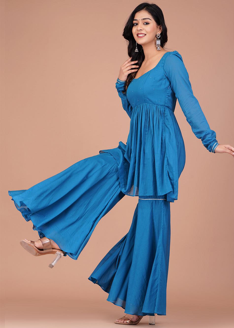 Teal Blue Peplum Top and Sharara Suit Set