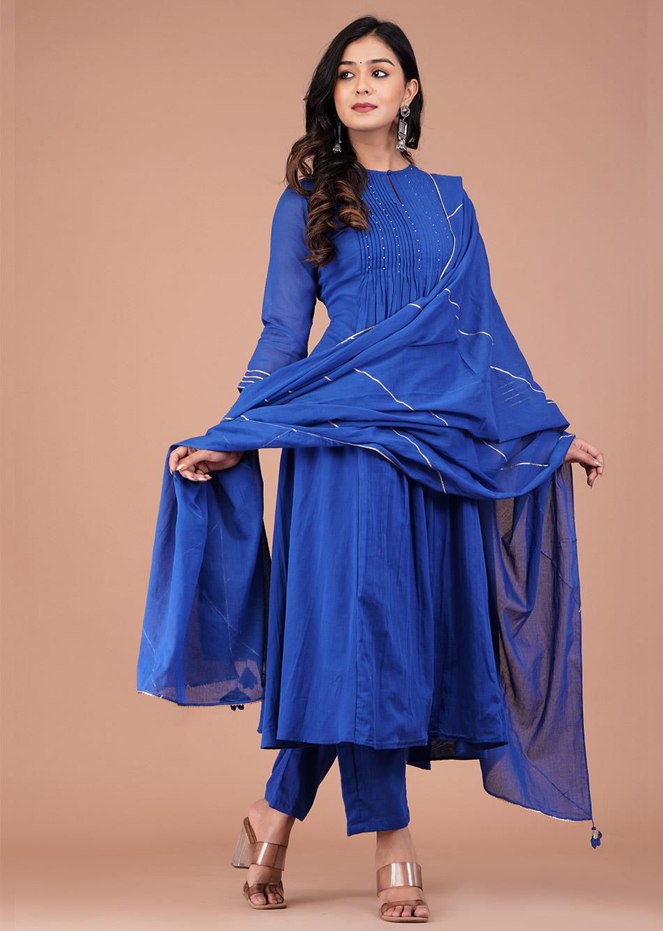 Buy Amazing Mulmul Blue Pin Tucks Anarkali Suit Sets for Women at JOVI India