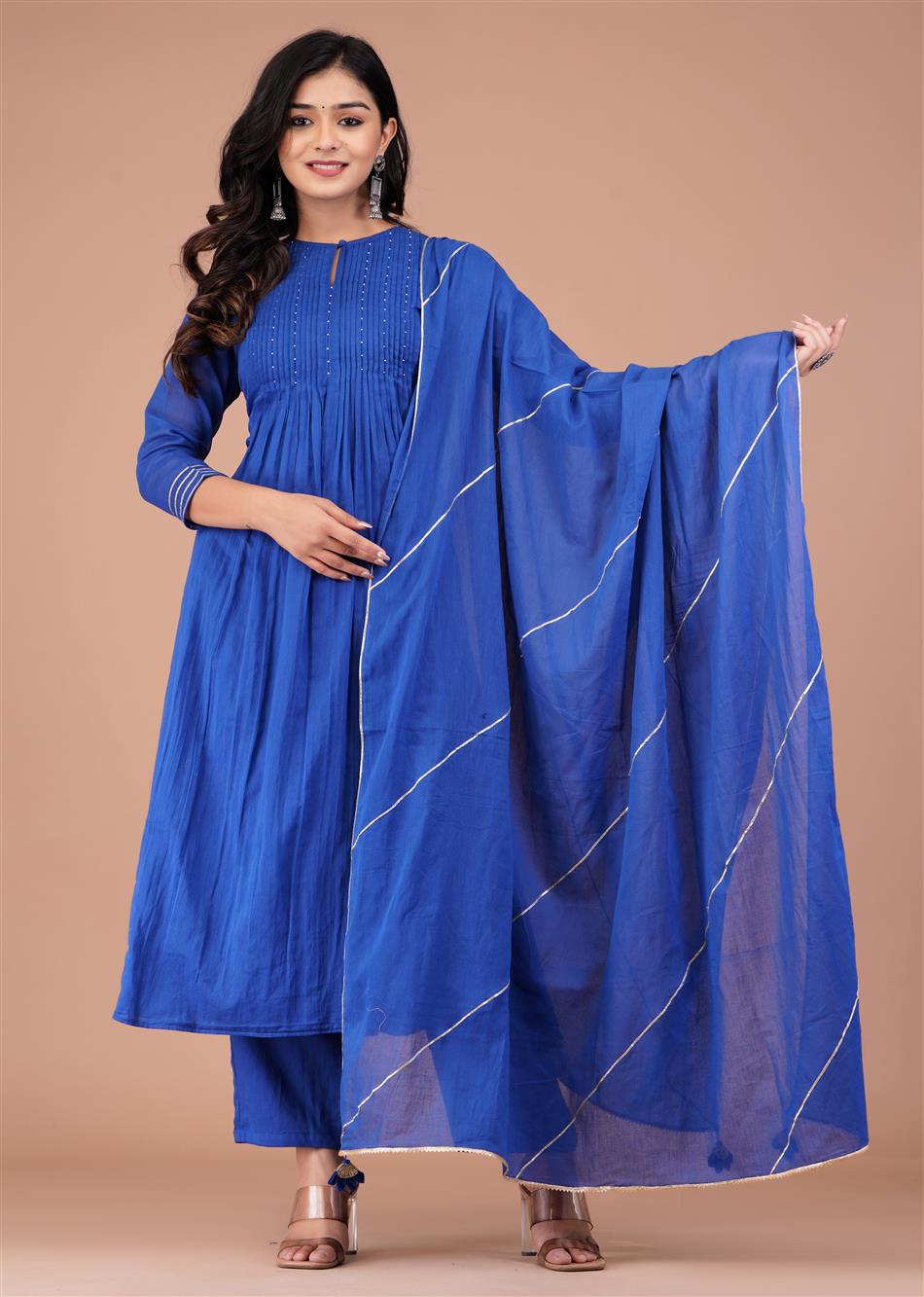 Buy Amazing Mulmul Blue Pin Tucks Anarkali Suit Sets for Women at JOVI India