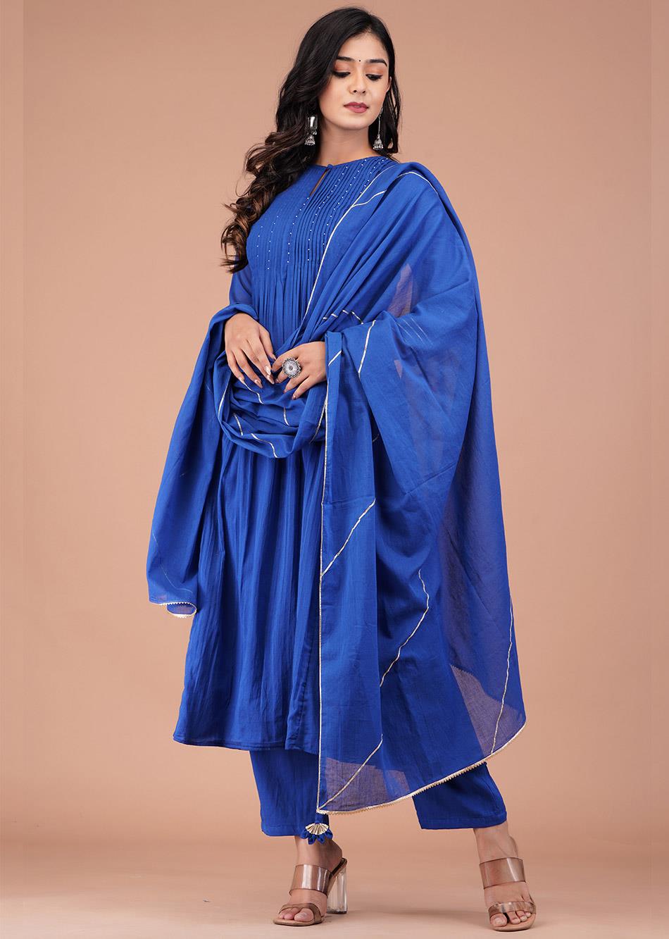 Buy Amazing Mulmul Blue Pin Tucks Anarkali Suit Sets for Women at JOVI India