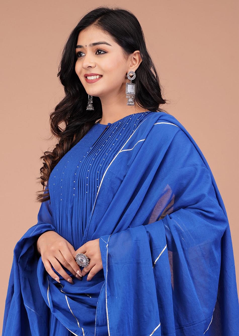 Buy Amazing Mulmul Blue Pin Tucks Anarkali Suit Sets for Women at JOVI India