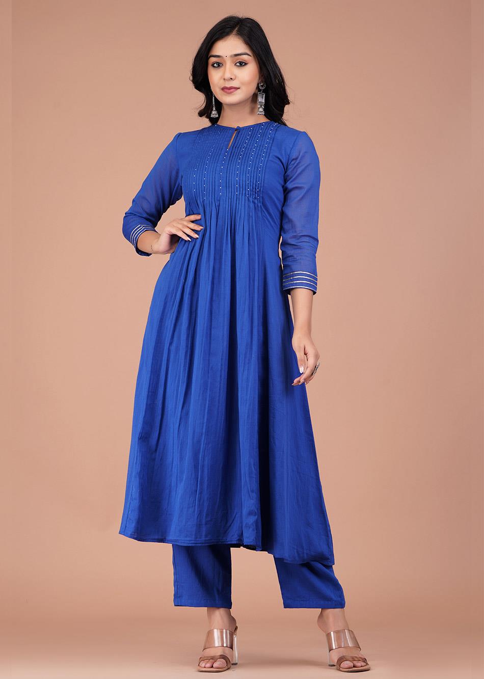 Buy Amazing Mulmul Blue Pin Tucks Anarkali Suit Sets for Women at JOVI India