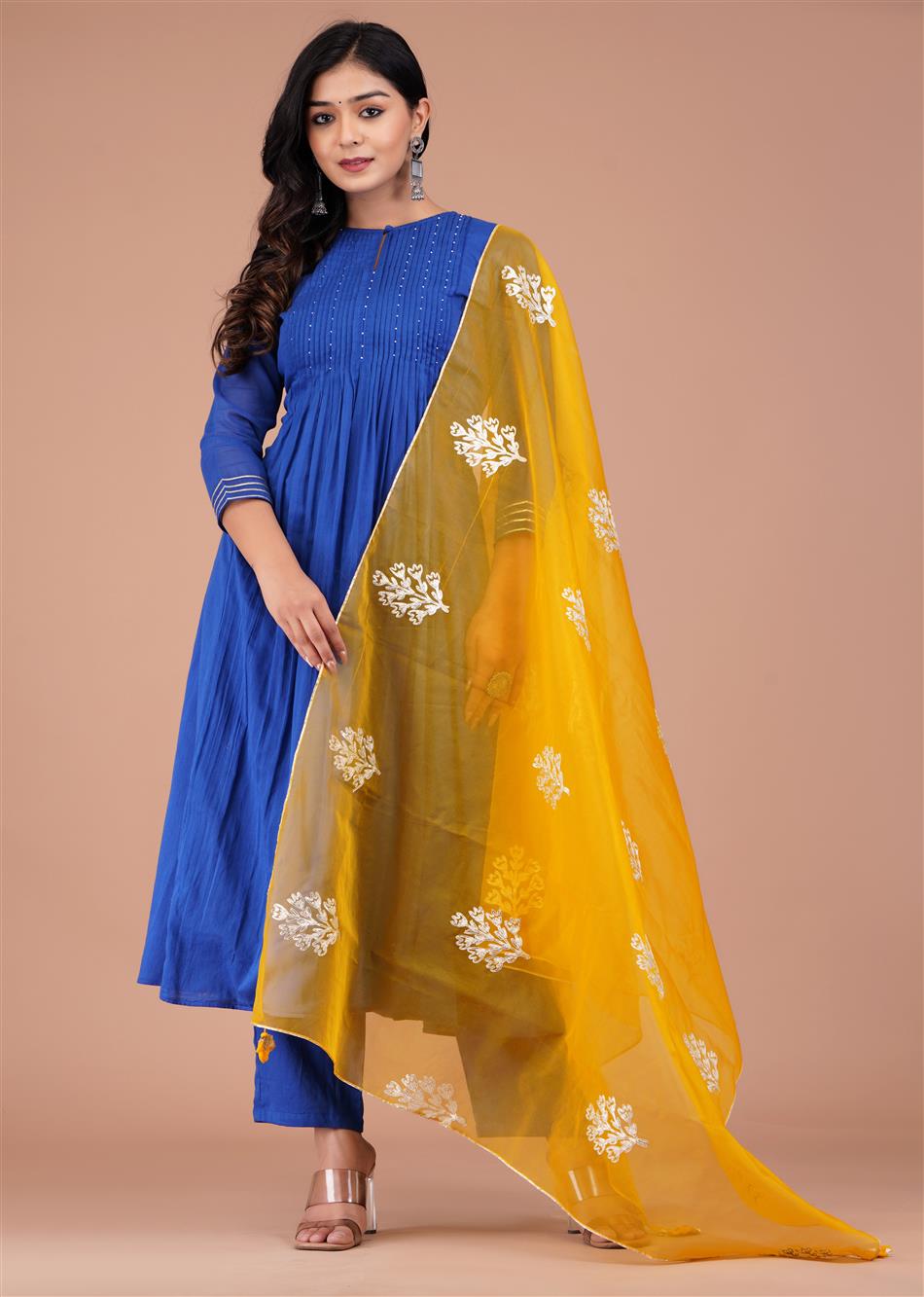 Buy Stylish Mulmul Blue Pintucks Suit Sets with Organza Dupatta for Women at JOVI India