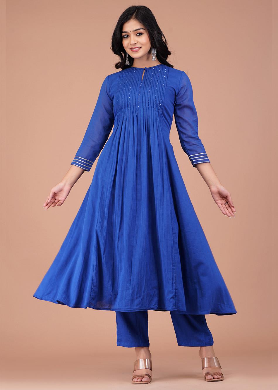 Buy Stylish Mulmul Blue Pintucks Suit Sets with Organza Dupatta for Women at JOVI India