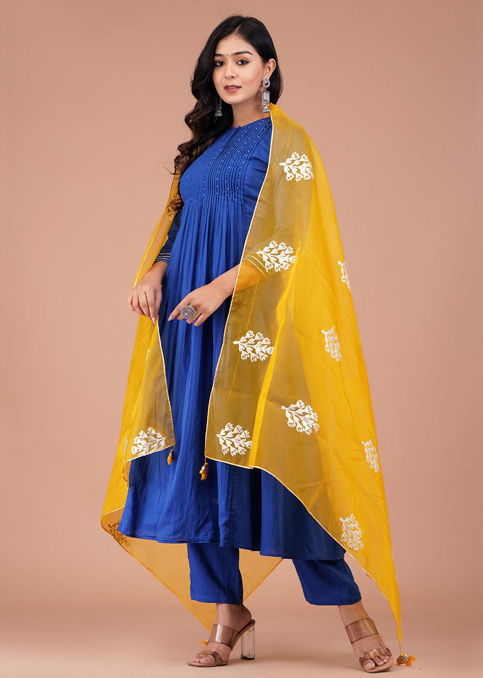 Buy Stylish Mulmul Blue Pintucks Suit Sets with Organza Dupatta for Women at JOVI India