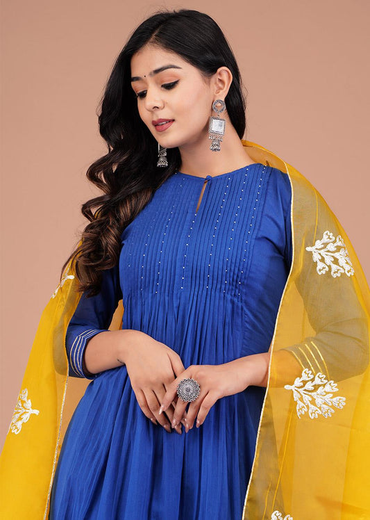 Buy Stylish Mulmul Blue Pintucks Suit Sets with Organza Dupatta for Women at JOVI India