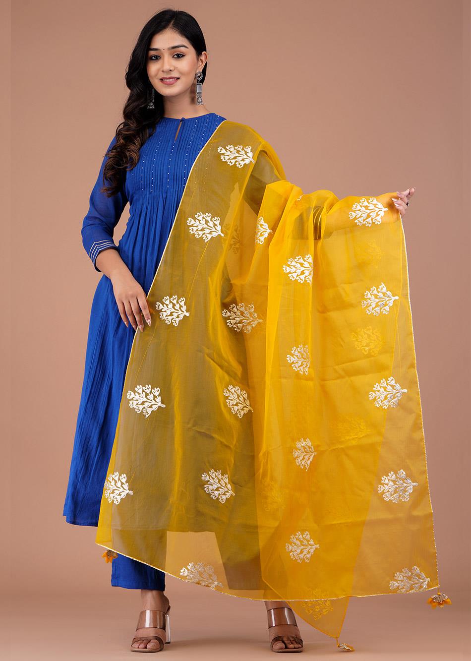 Buy Stylish Mulmul Blue Pintucks Suit Sets with Organza Dupatta for Women at JOVI India