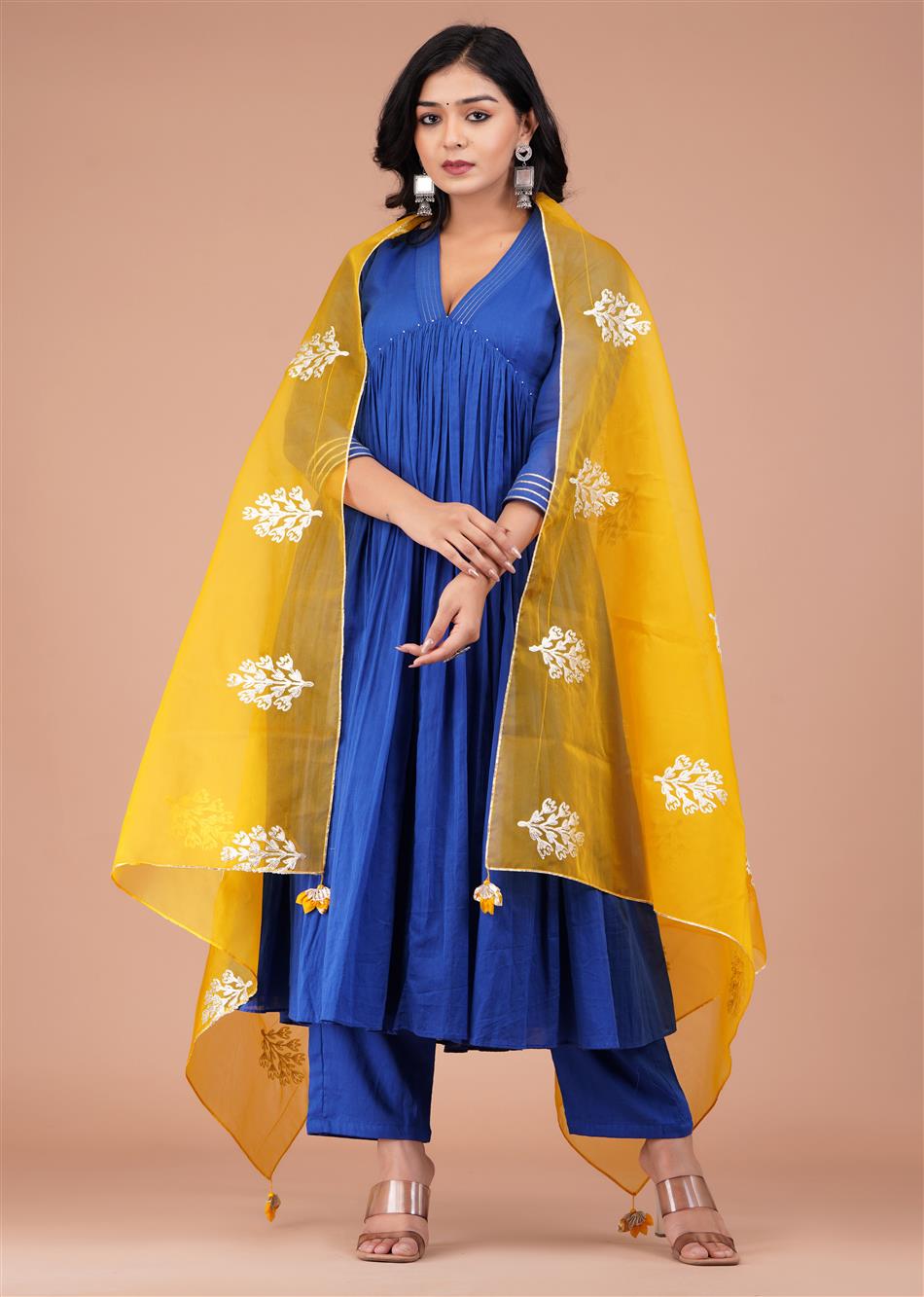 Blue Gathered Anarkali with Organza Dupatta