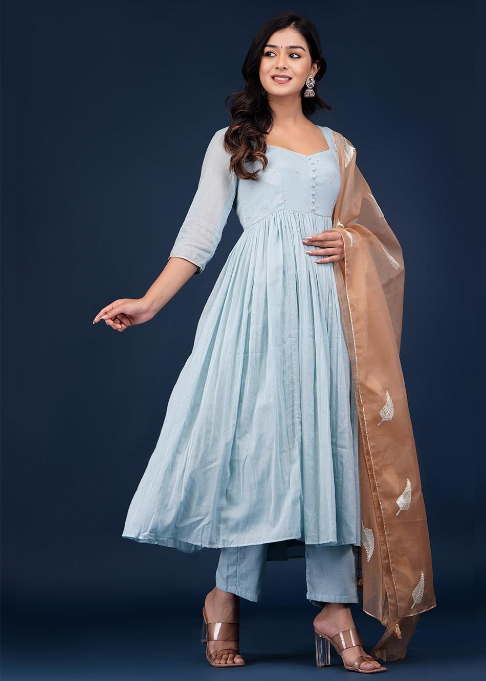 Latest Designer Blue Gather Anarkali Suit Sets for Women at JOVI India