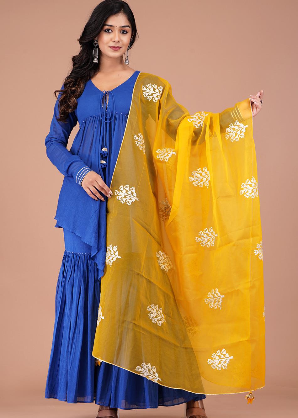 Blue Peplum Top and Sharara Set With Organza Dupatta