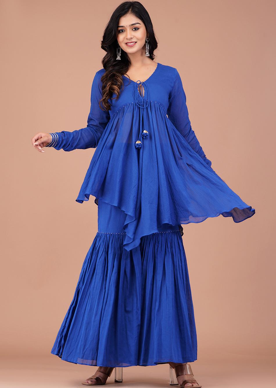 Blue Peplum Top and Sharara Set With Organza Dupatta