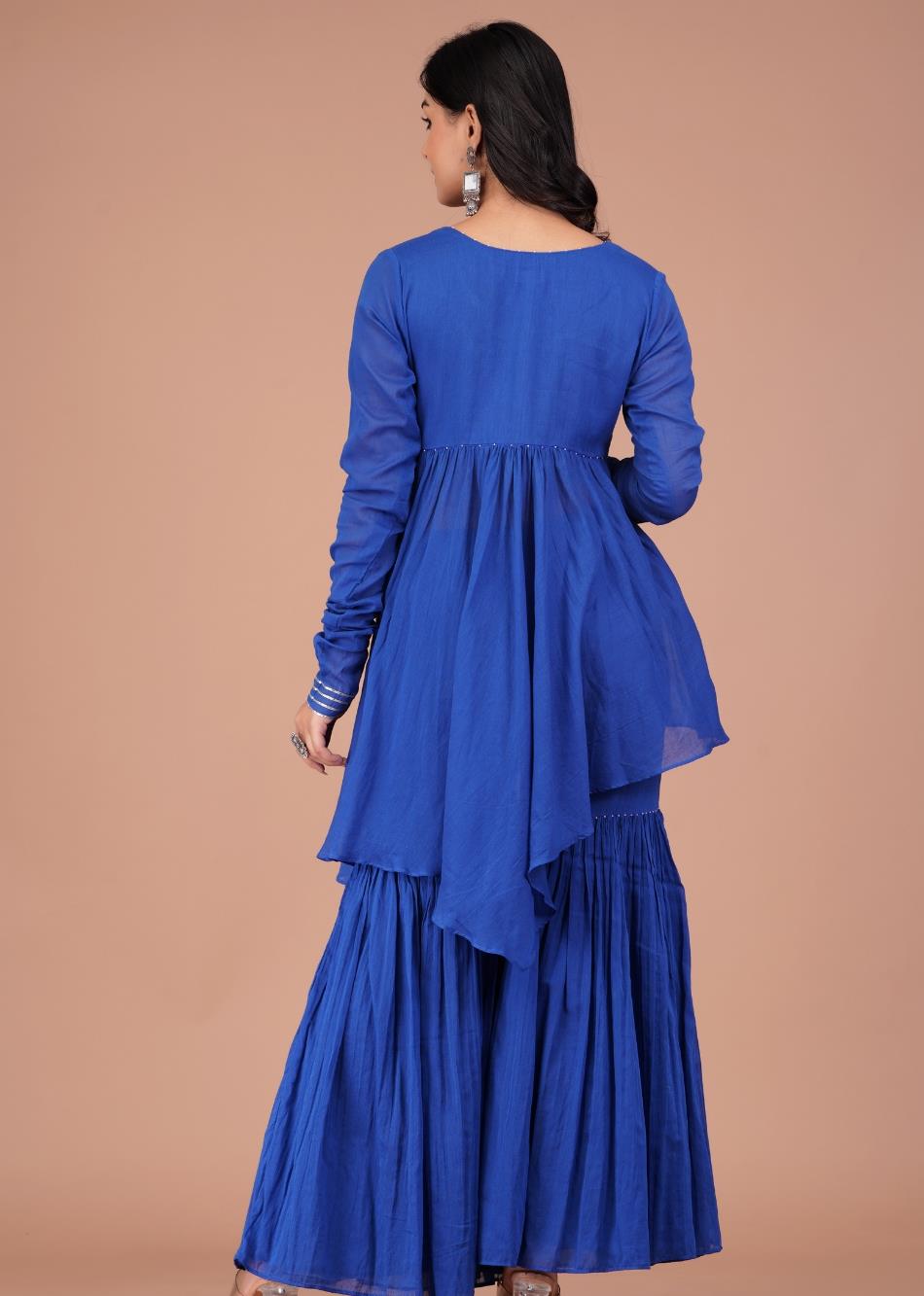 Blue Peplum Top and Sharara Set With Organza Dupatta