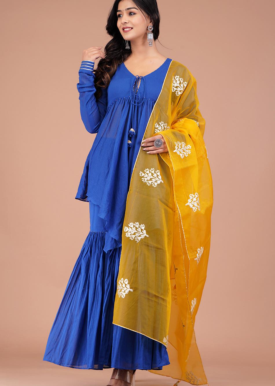 Blue Peplum Top and Sharara Set With Organza Dupatta