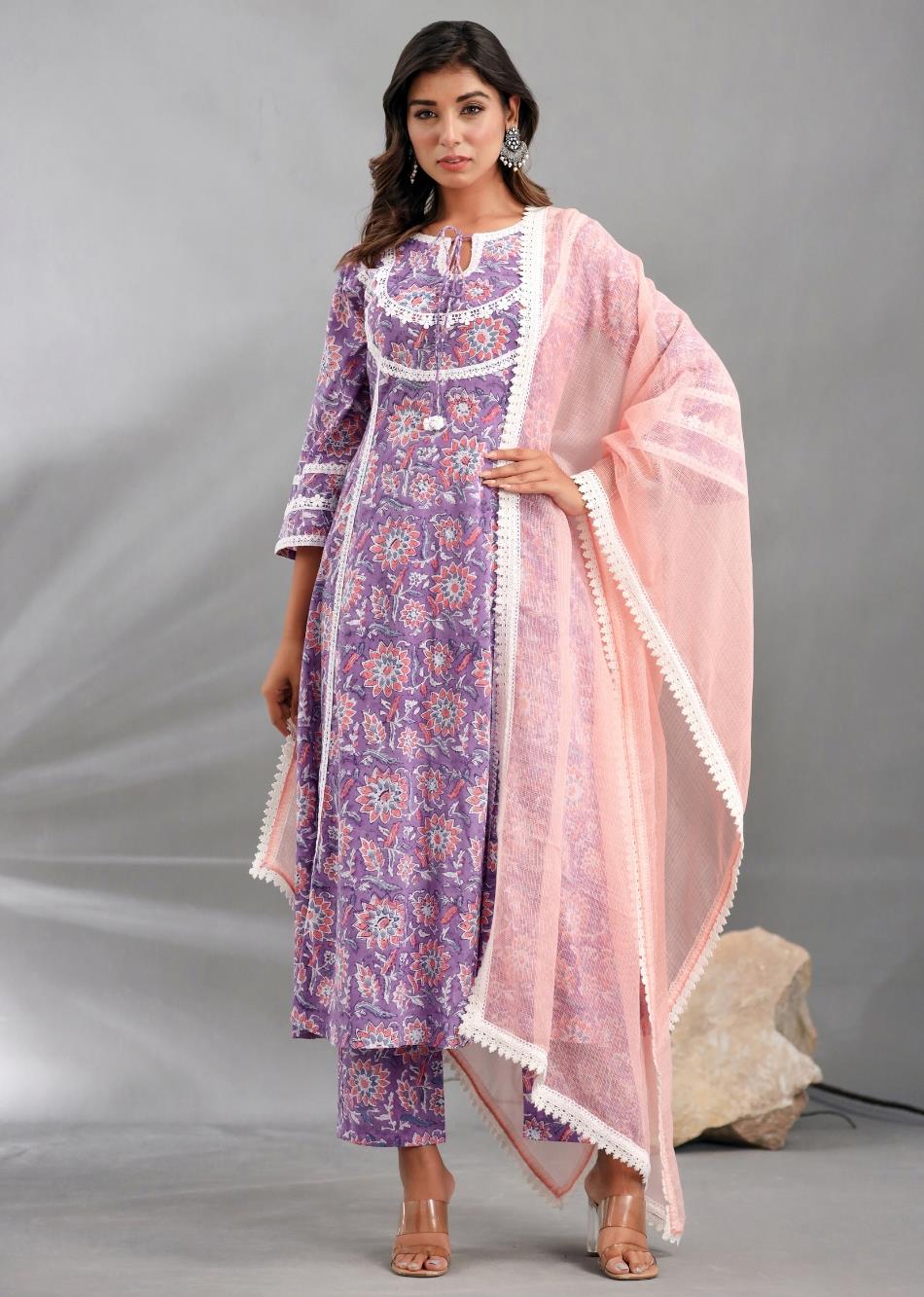 Shop Amazing Purple Printed Lacey Suit Sets for Women at JOVI India