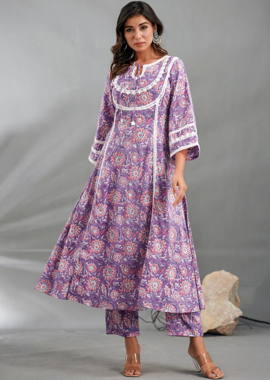 Shop Amazing Purple Printed Lacey Suit Sets for Women at JOVI India