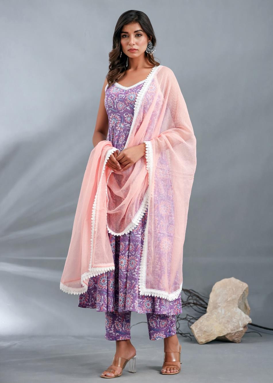 Purple Printed Strappy Anarkali Suit Set