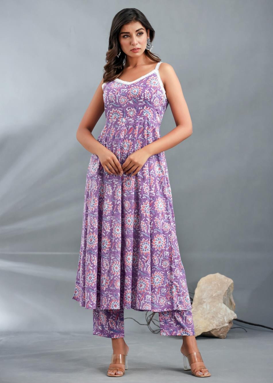 Purple Printed Strappy Anarkali Suit Set