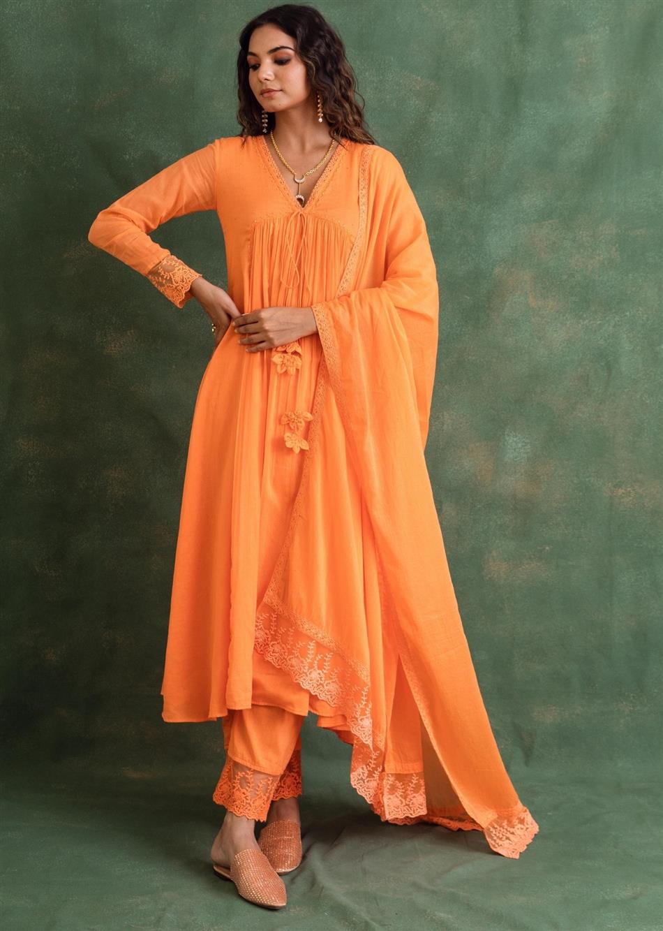 Orange Cross Gather Anarkali Suit Set
