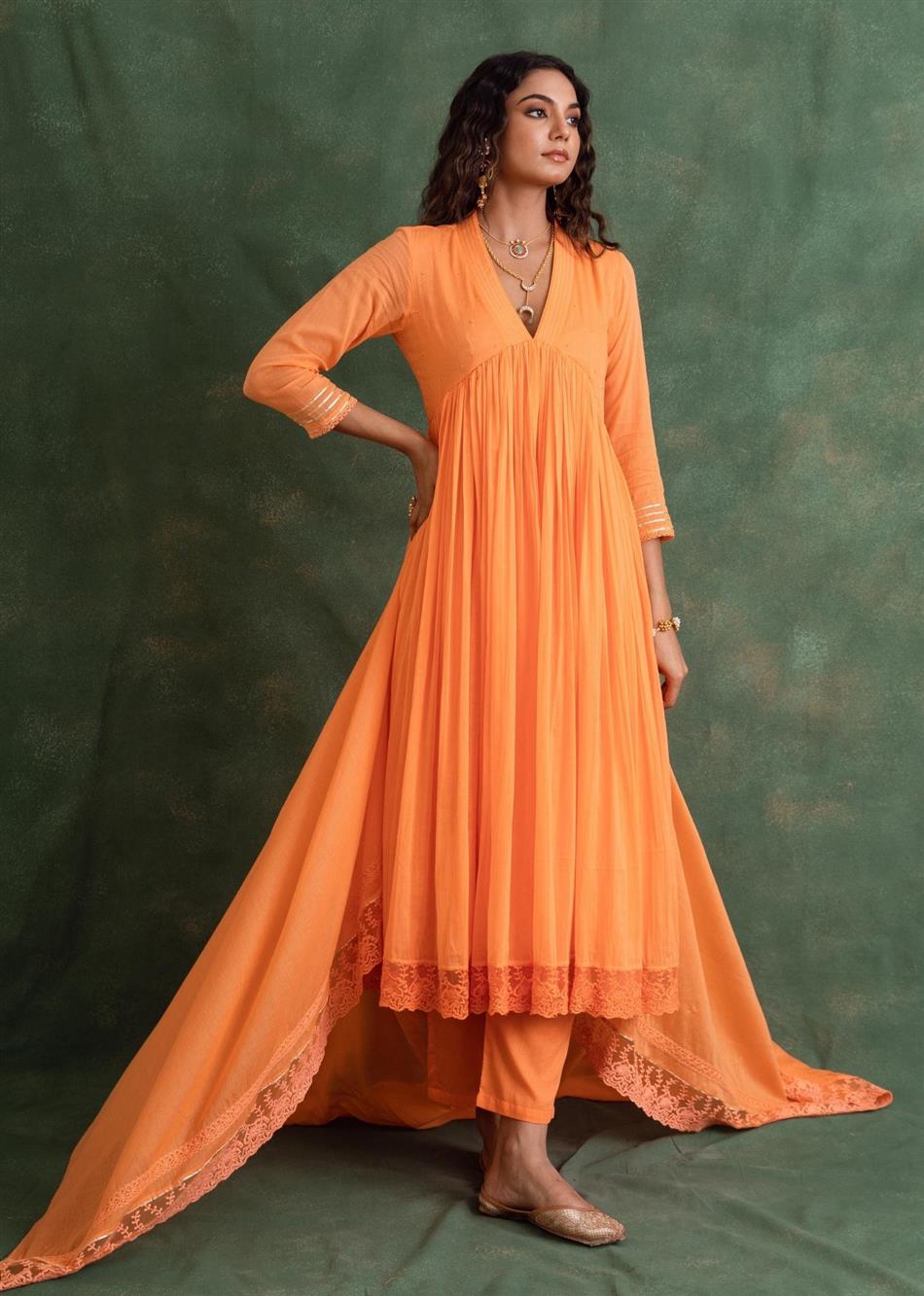 Orange Collar Neck Anarkali Suit Set
