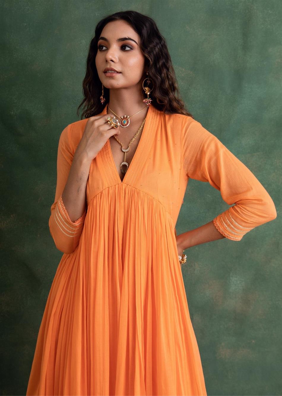 Orange Collar Neck Anarkali Suit Set